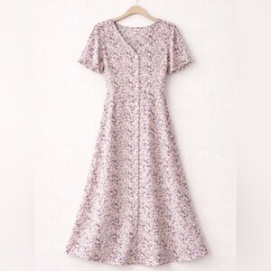 Floral Button Front Midi Dress Cottagecore Puff Sleeve